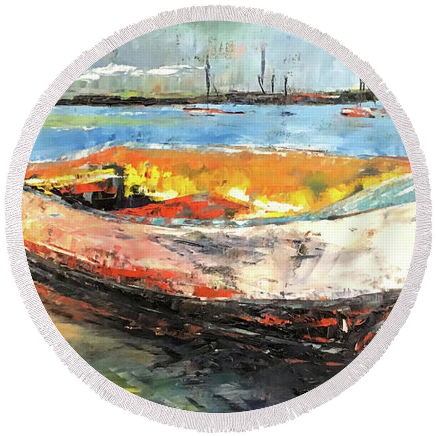 Boat Round Beach Towel featuring the painting Boat Adrift by Alan Metzger
