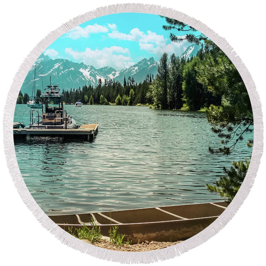Grand Tetons Round Beach Towel featuring the photograph Boat at a Dock, Grand Tetons by Aashish Vaidya