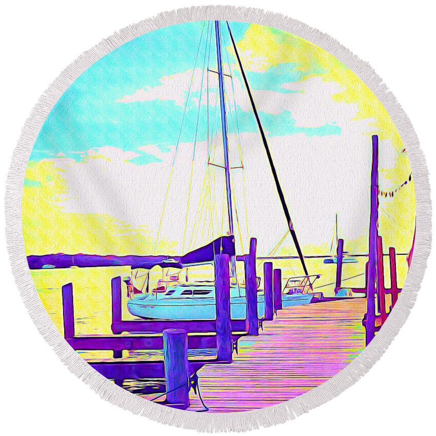 Florida Round Beach Towel featuring the painting Boat at Sunset II by Chris Andruskiewicz