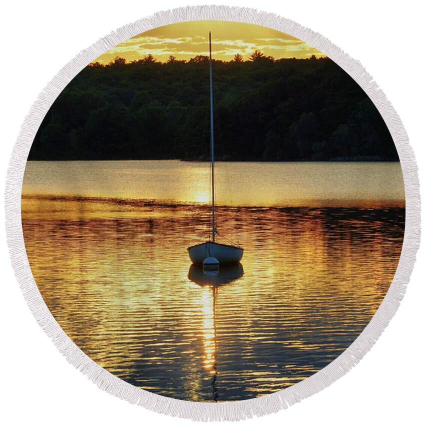 Boats Round Beach Towel featuring the photograph Boat at sunset by Lilia S