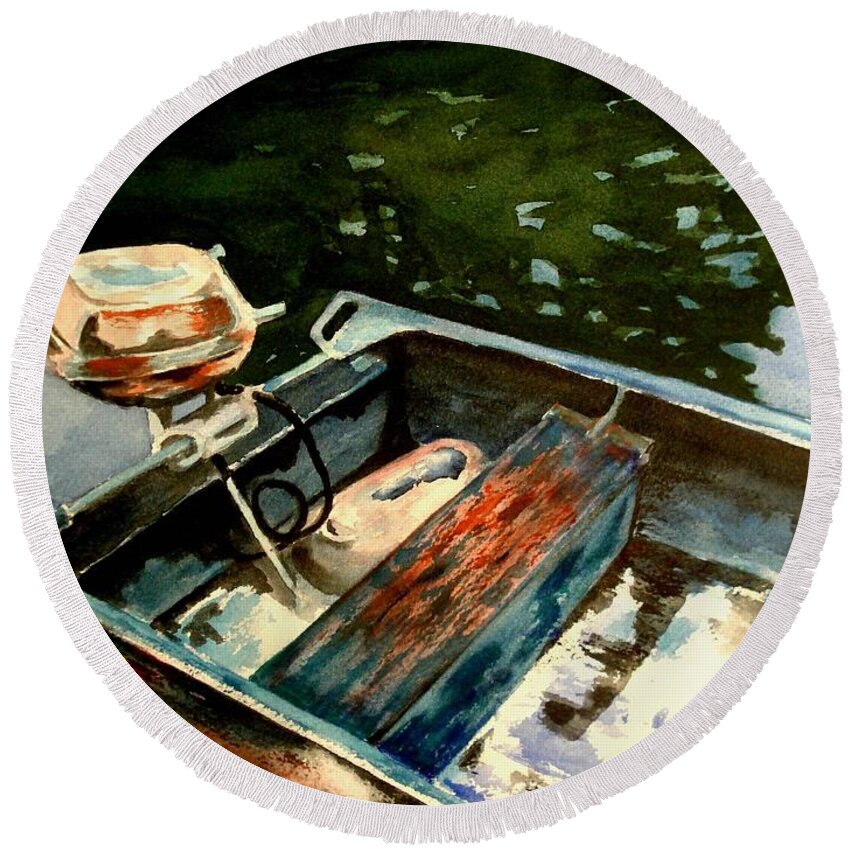 Boat Round Beach Towel featuring the painting Boat in fog 2 by Marilyn Jacobson