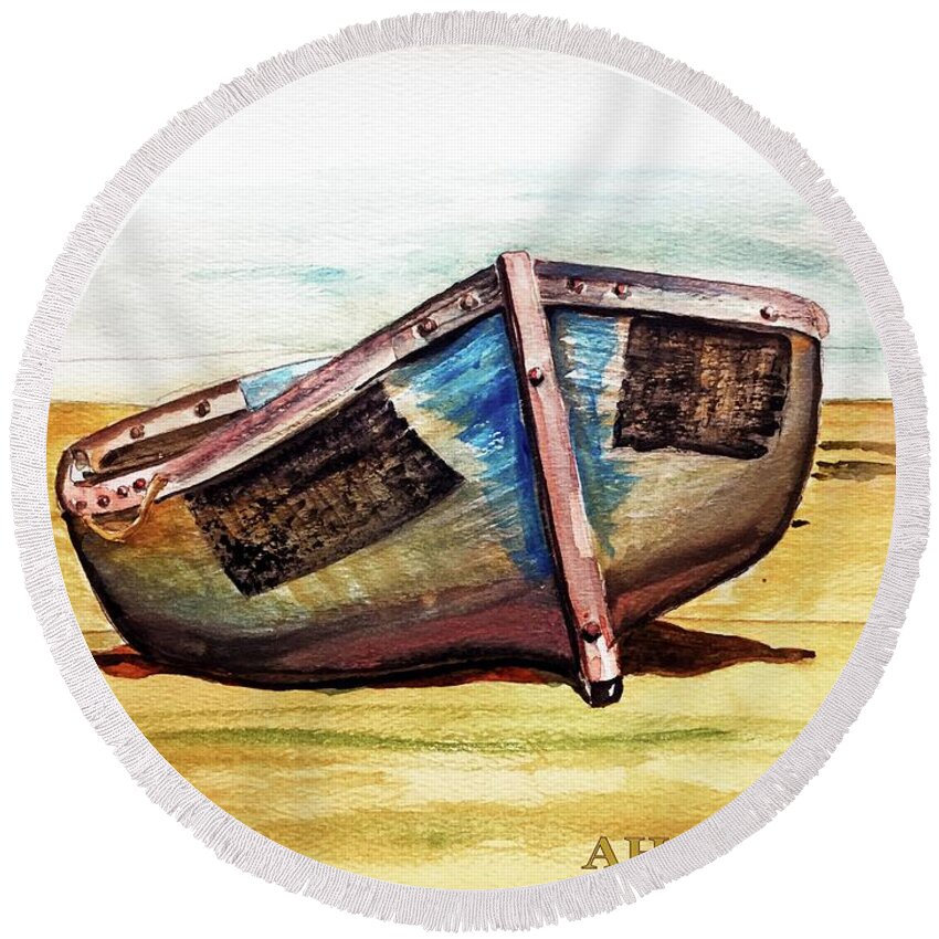 Boat Round Beach Towel featuring the painting Boat on Beach by AHONU Aingeal Rose