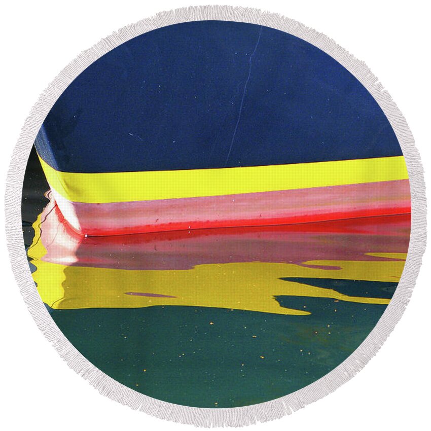 Blue Round Beach Towel featuring the photograph Boat Reflection by Ted Keller