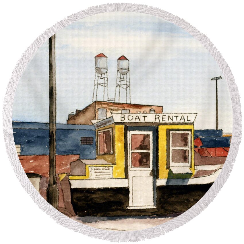 Park Round Beach Towel featuring the painting Boat Rental near Duluth Canal Park by R Kyllo