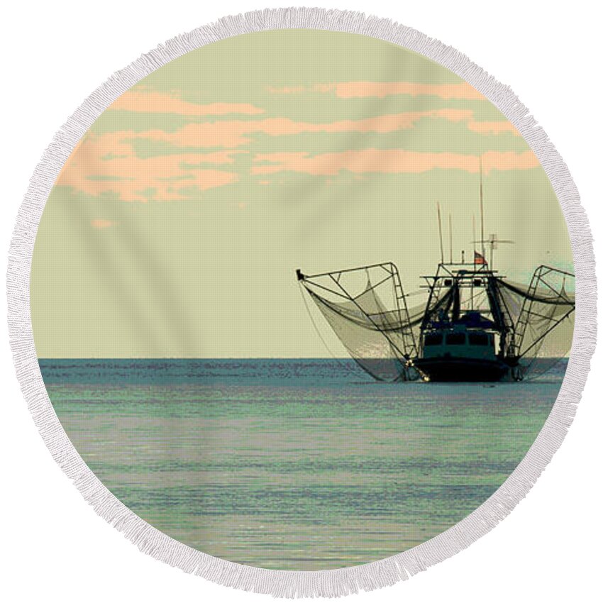 Boats Round Beach Towel featuring the photograph Boat Series 30 Shrimp Boat Gulf of Mexico Louisiana by Paul Gaj