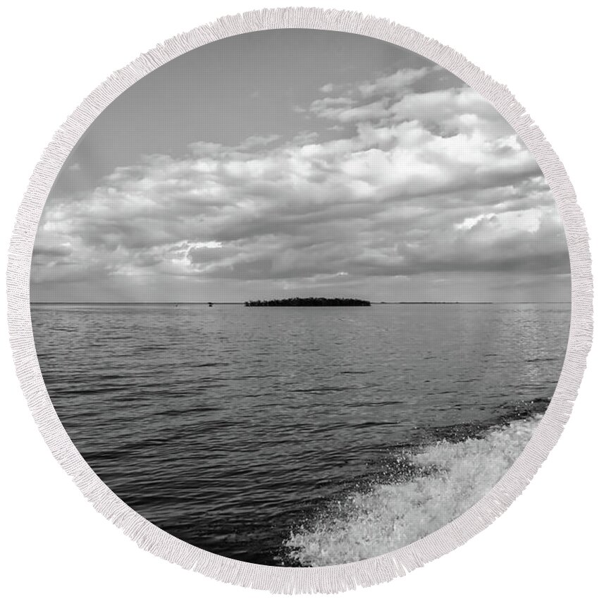 Black And White Round Beach Towel featuring the photograph Boat Wake On Florida Bay by Louise Lindsay