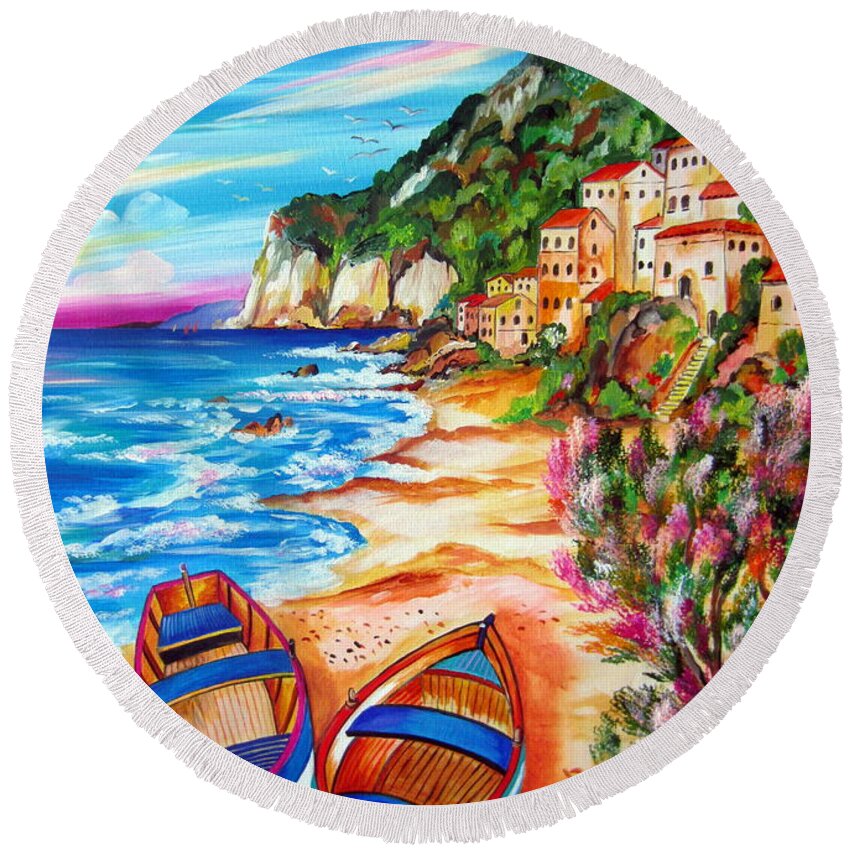 Fishermen Village Round Beach Towel featuring the painting Boats and Fishermen village by Roberto Gagliardi