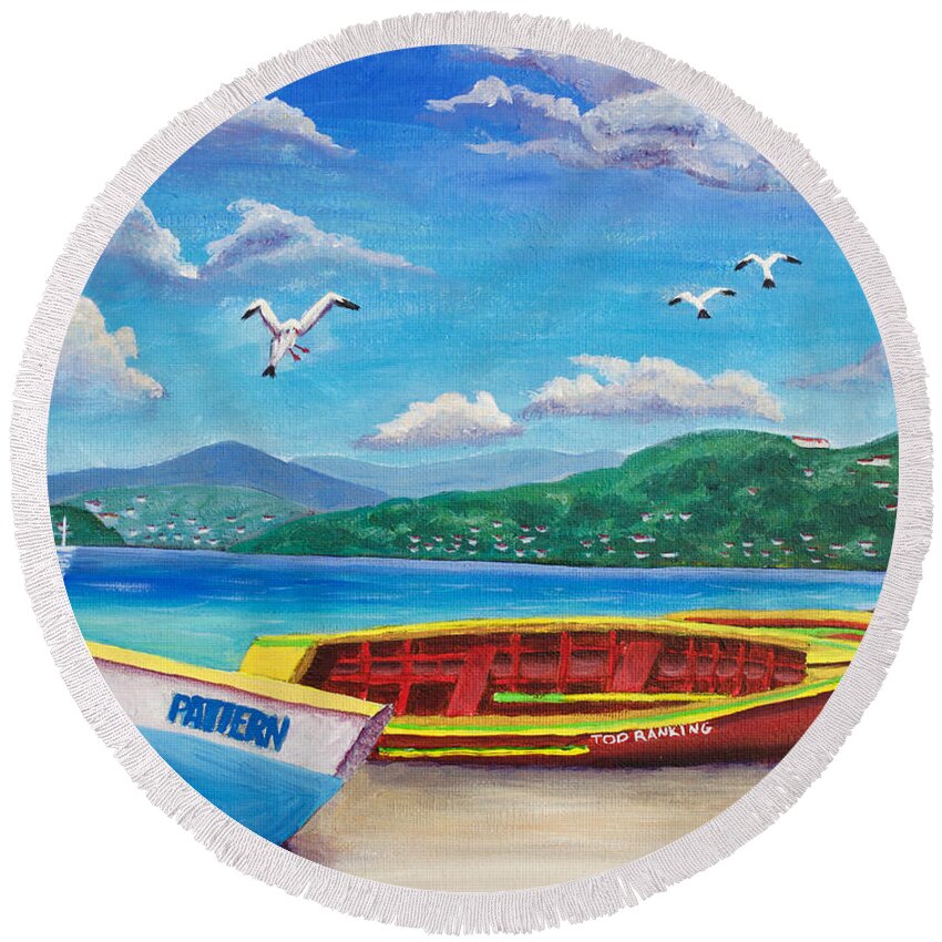 Seascape Round Beach Towel featuring the painting Boats At Rest by Laura Forde