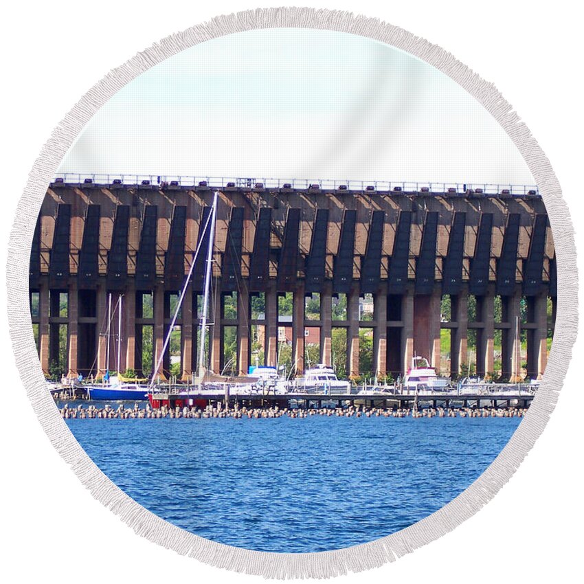 Boats Round Beach Towel featuring the photograph Boats Docked on Lake Superior by Phil Perkins