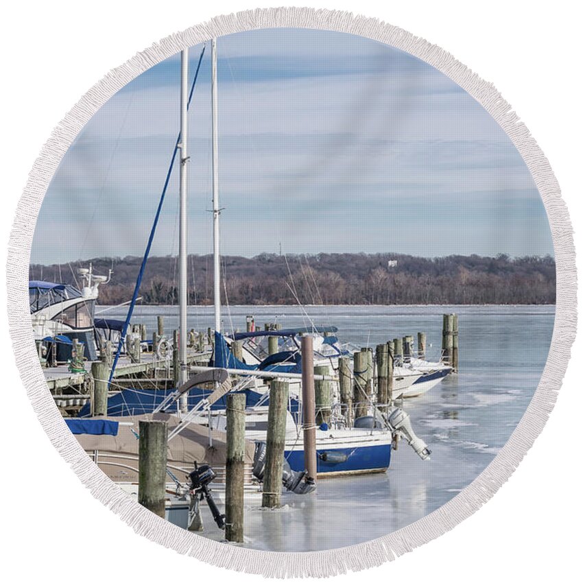 Boats Round Beach Towel featuring the photograph Boats In Icy Harbor by Liz Albro