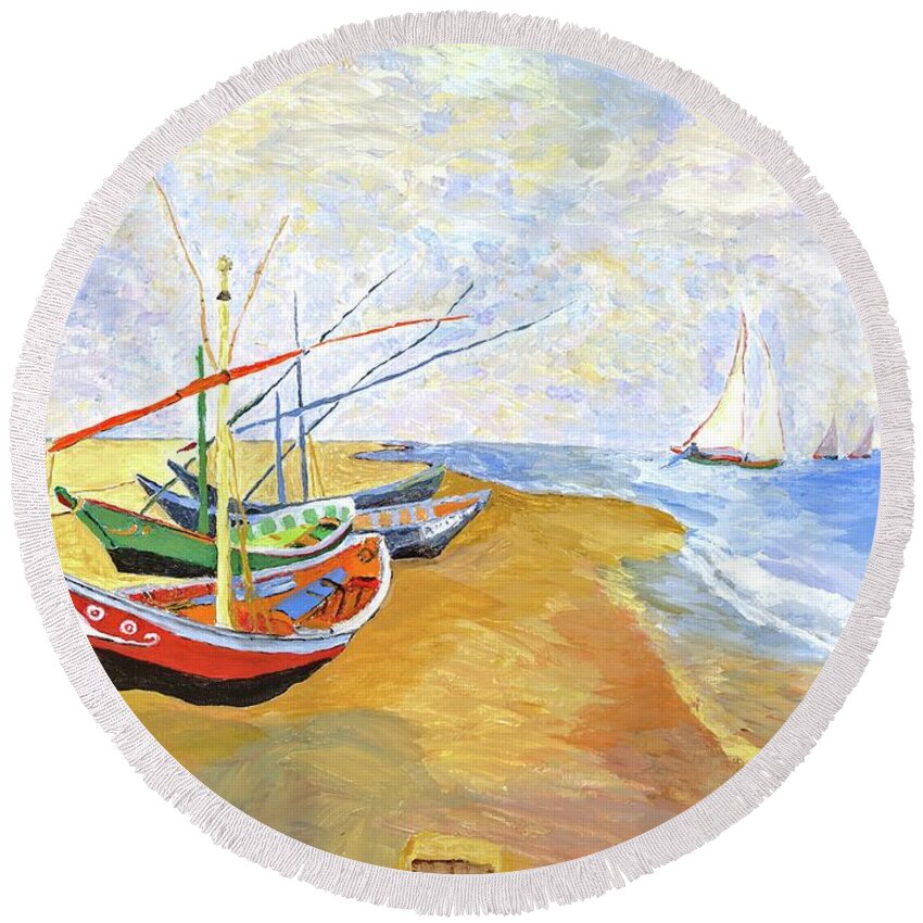 van Gogh Round Beach Towel featuring the painting Boats On The Beach At Saintes-Maries after Van Gogh by Rodney Campbell