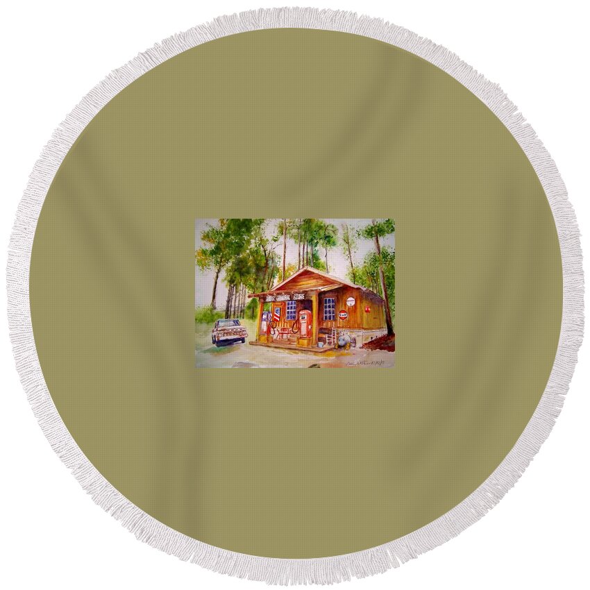  Round Beach Towel featuring the painting Bobs General Store by Bobby Walters