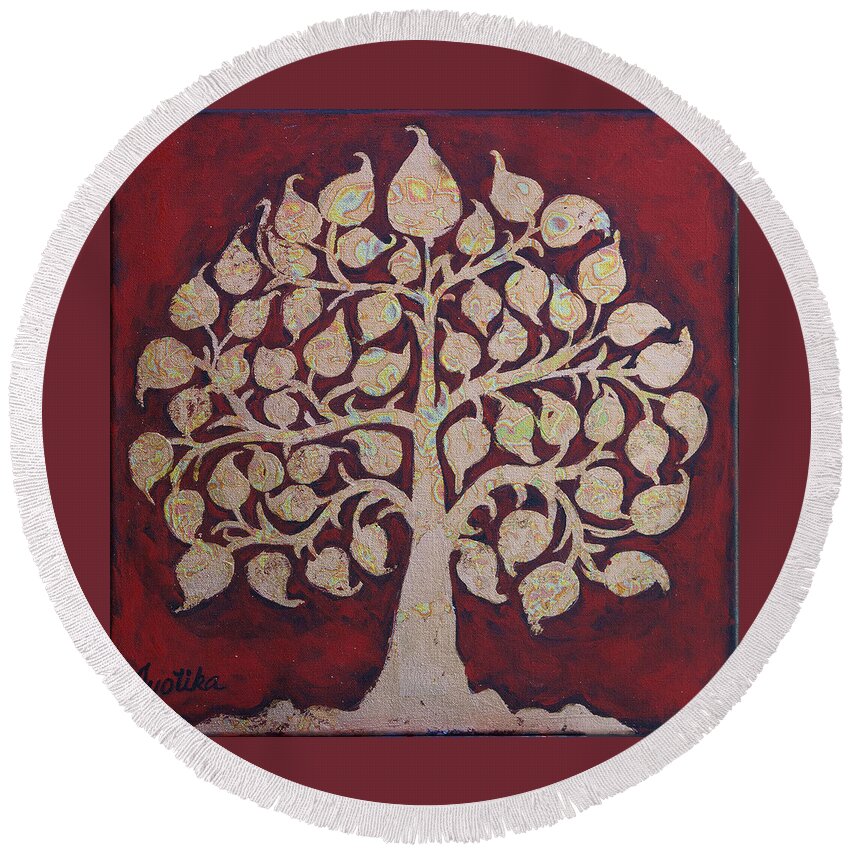 Bodhi Tree Round Beach Towel featuring the painting Bodhi Tree by Jyotika Shroff