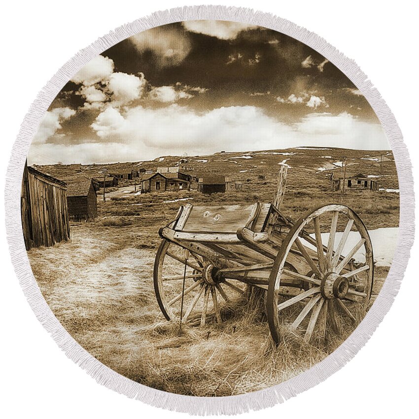 Bodie Round Beach Towel featuring the photograph BODIE WAGON, Bodie Ghost Town, California by Don Schimmel
