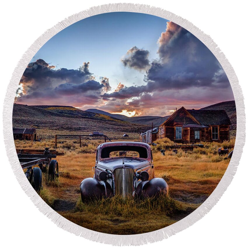 Bodie State Historic Park Round Beach Towel featuring the photograph Bodie's 1937 Chevy at Sunset by Jeff Sullivan