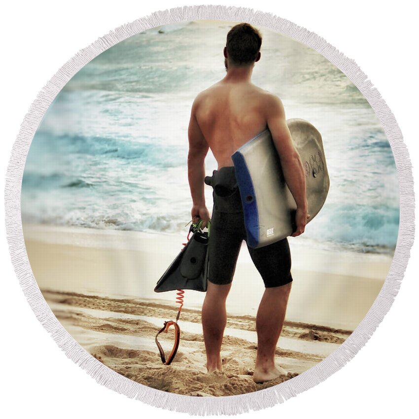Surfer Round Beach Towel featuring the photograph Boggie Boarder at Waimea Bay by Jim Albritton