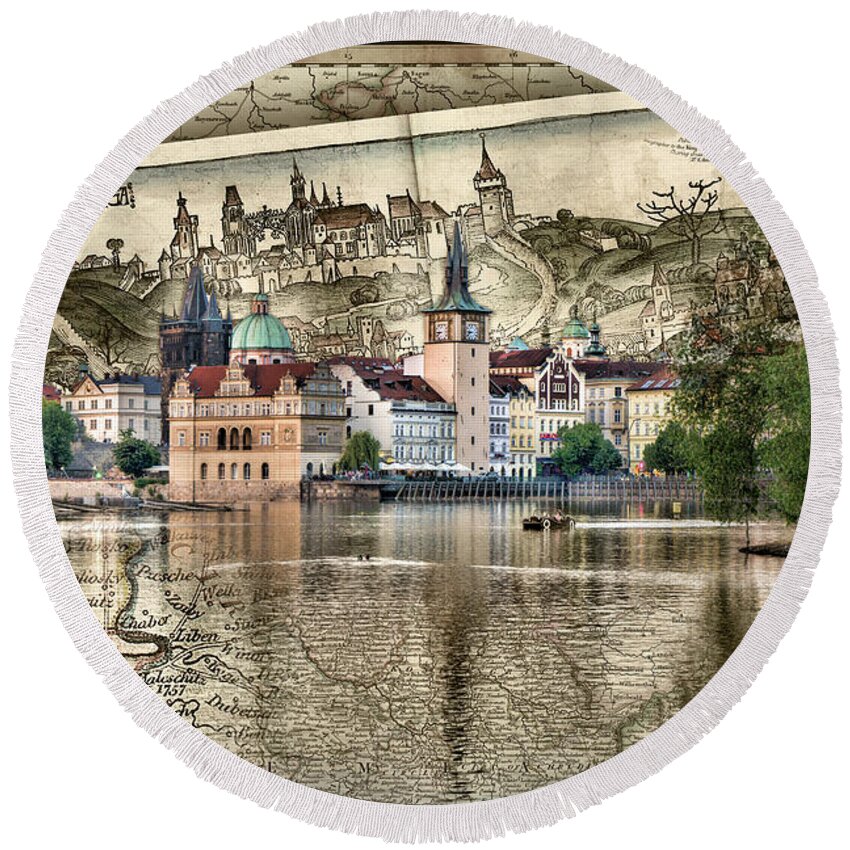 Central Europe Round Beach Towel featuring the photograph Bohemia Moravia Prague Map by Sharon Popek