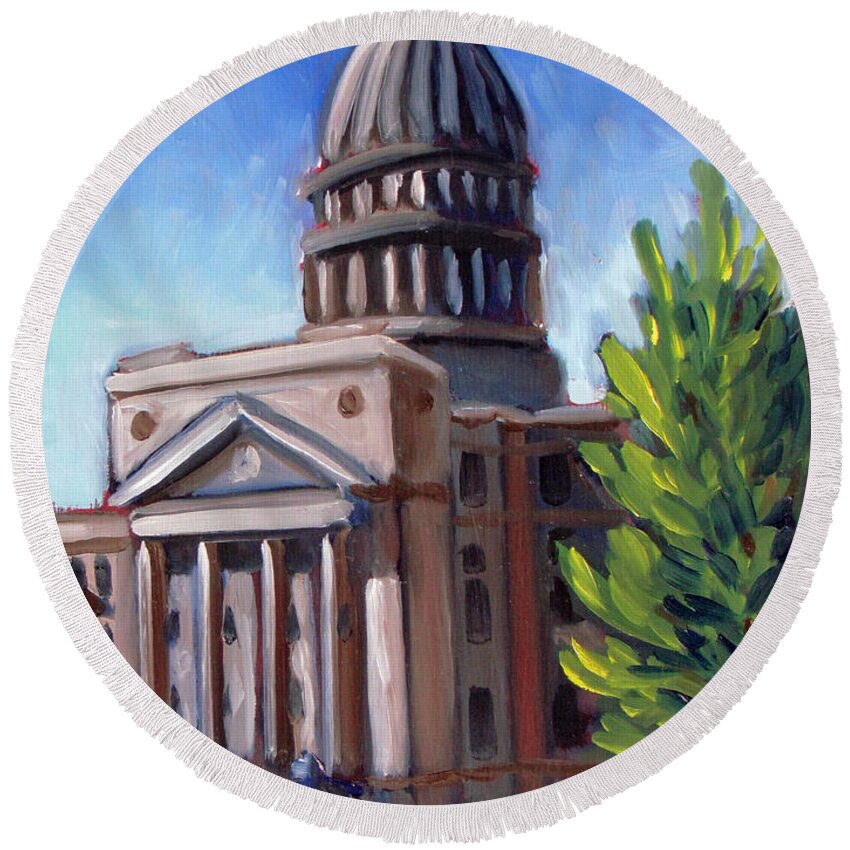 Boise Round Beach Towel featuring the painting Boise Capitol Building 01 by Kevin Hughes