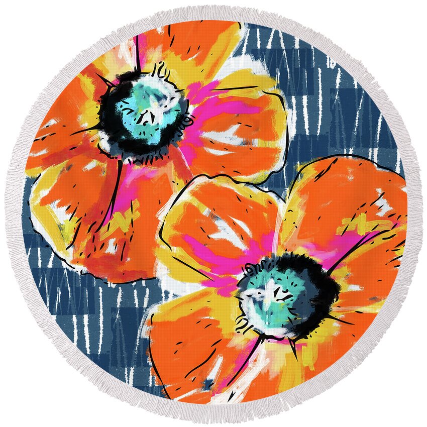 Poppies Round Beach Towel featuring the mixed media Bold Orange Poppies- Art by Linda Woods by Linda Woods