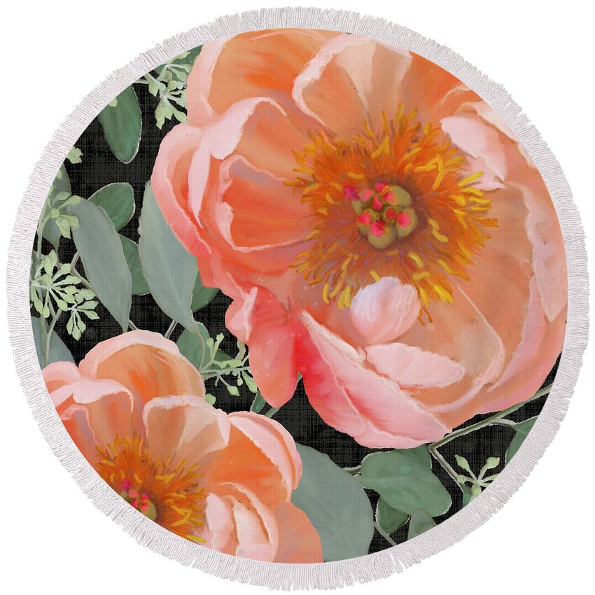 Peach Peony Round Beach Towel featuring the painting Bold Peony Seeded Eucalyptus leaves by Audrey Jeanne Roberts