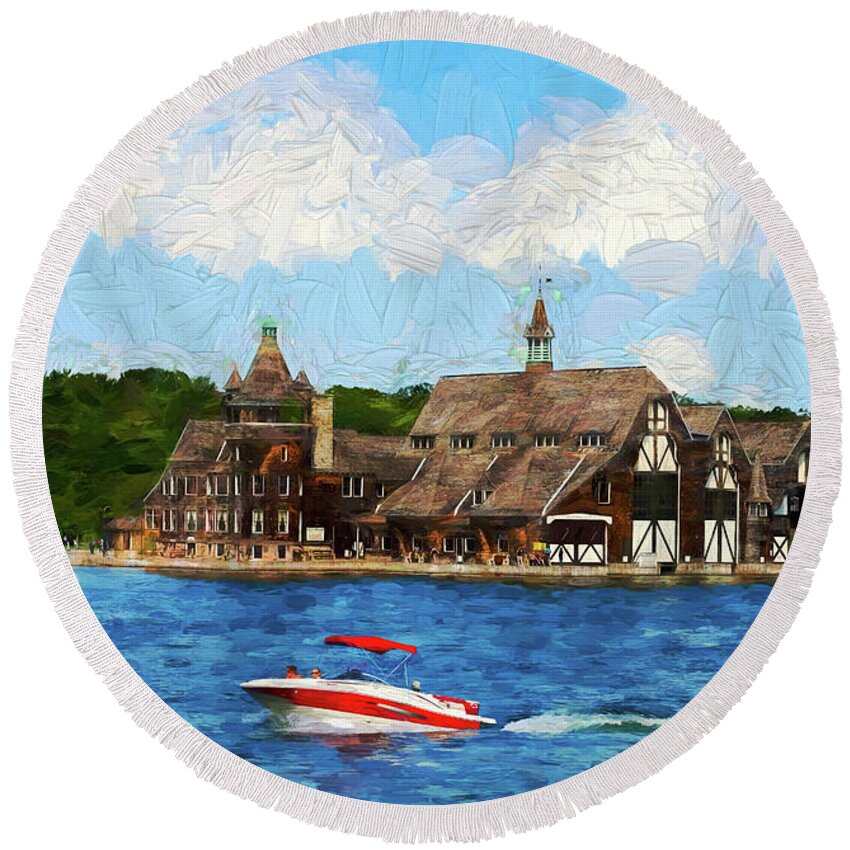 Boldt Round Beach Towel featuring the photograph Boldt Yacht House - painterly by Les Palenik