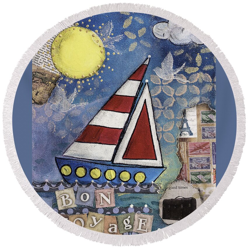 Sail Boat Round Beach Towel featuring the mixed media Bon Voyage by Wendy Provins