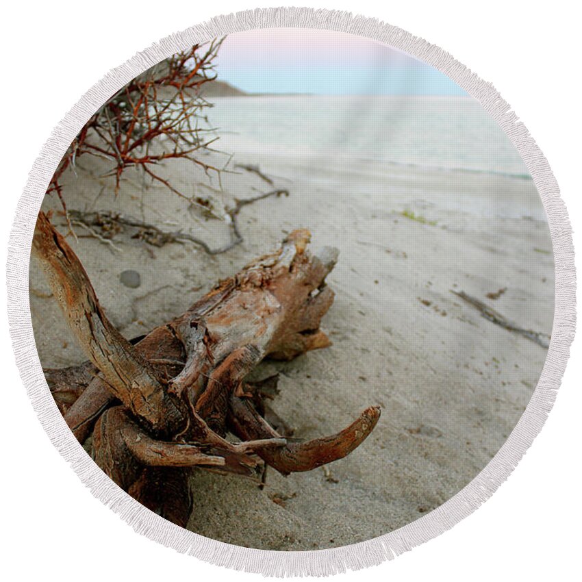 Driftwood Round Beach Towel featuring the photograph Bonanza Beach Driftwood by Becqi Sherman