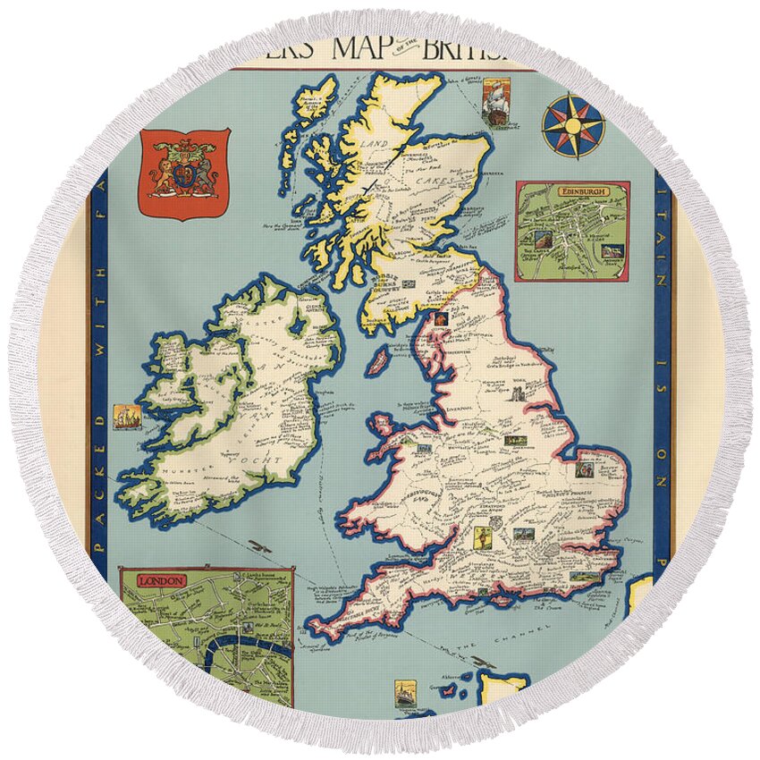 Booklovers Map Of The British Isles Round Beach Towel featuring the drawing Booklovers map of the British Isles - Pictorial Map - Antique Illustrated Map by Studio Grafiikka