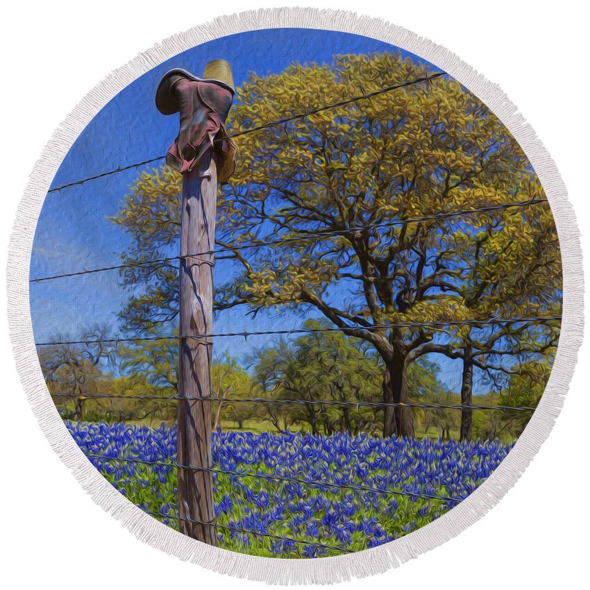 Bluebonnets Round Beach Towel featuring the photograph Boot and Blubonnets by Stephen Stookey