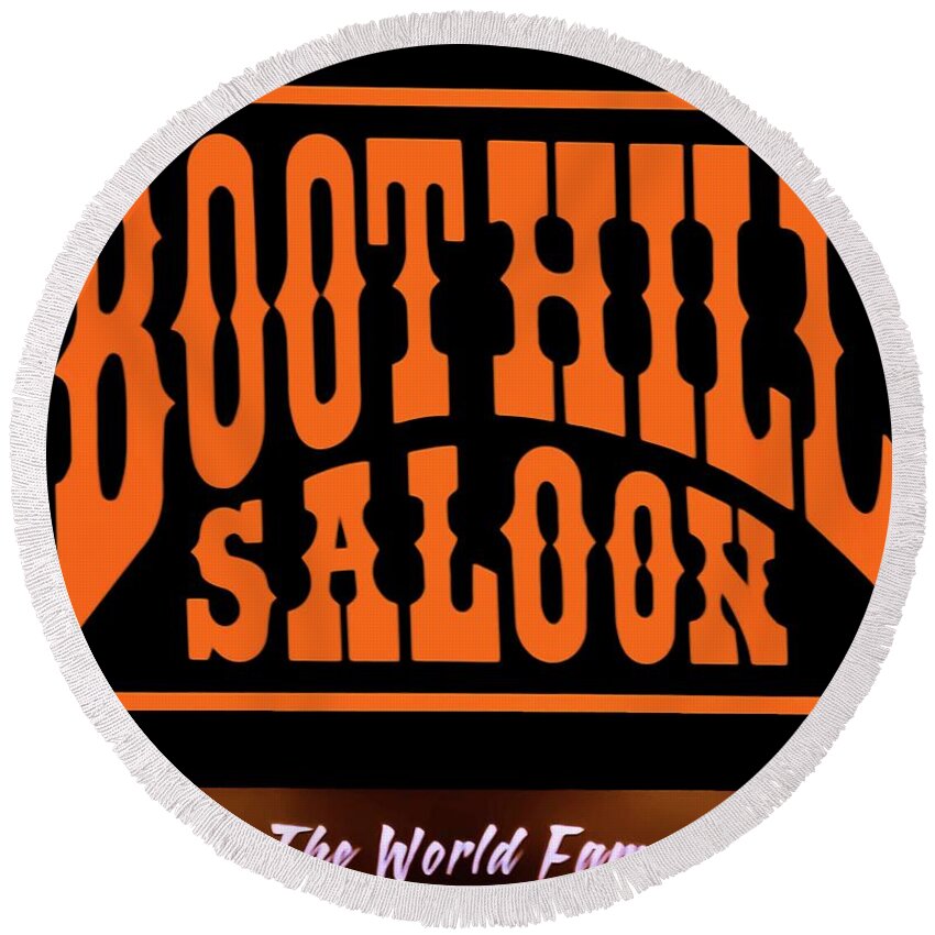 Boot Hill Round Beach Towel featuring the photograph Boot Hill Saloon Sign by DigiArt Diaries by Vicky B Fuller