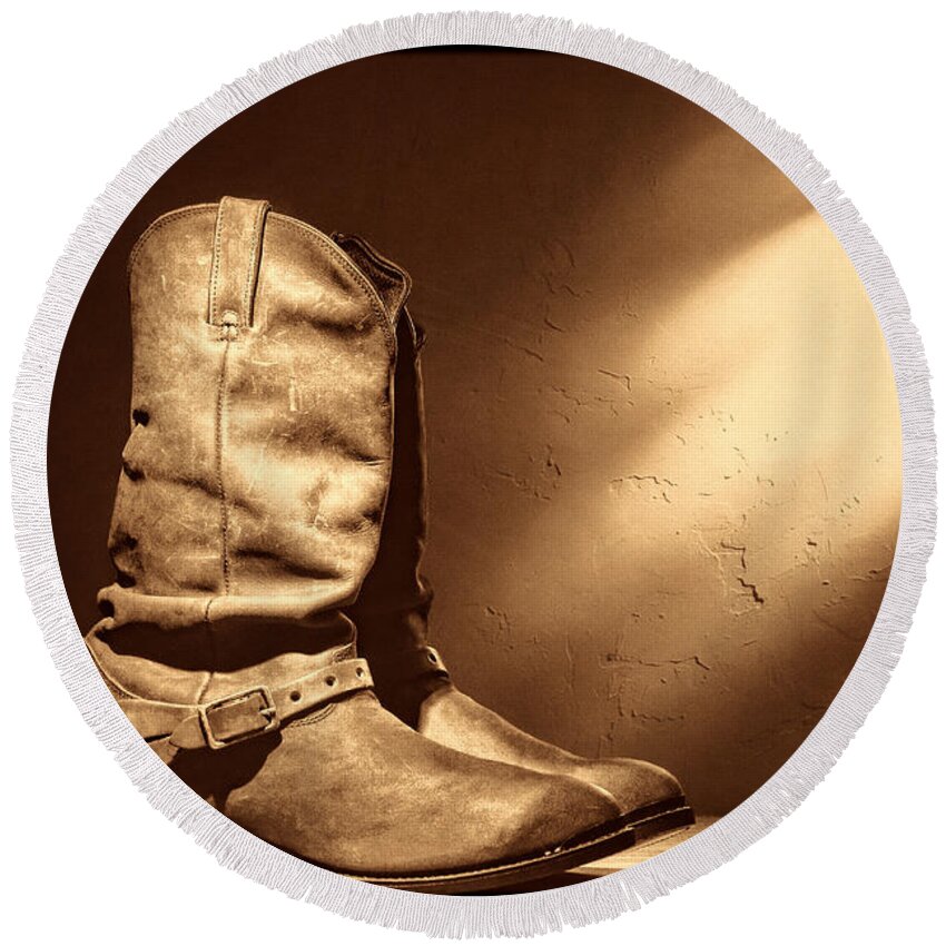 Cowboy Boots Round Beach Towel featuring the photograph Boots at the Hacienda by American West Legend By Olivier Le Queinec
