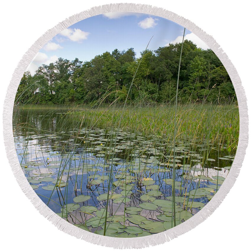 Borden Lake Round Beach Towel featuring the photograph Borden Lake lily pads by Gary Eason
