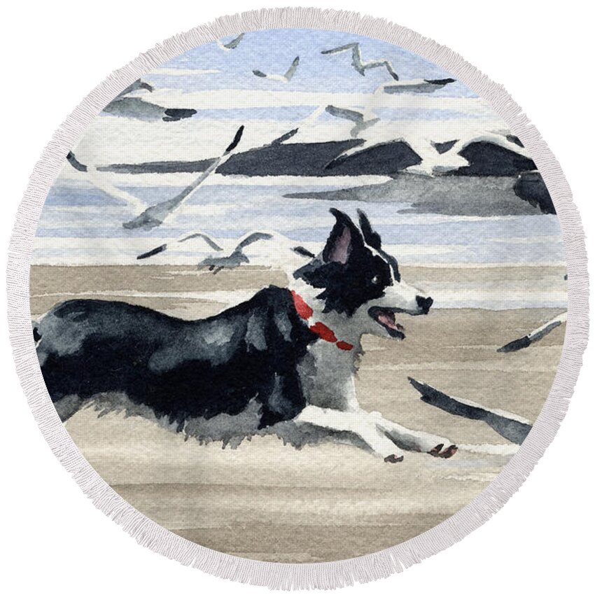 Border Round Beach Towel featuring the painting Border Collie At The Beach by David Rogers