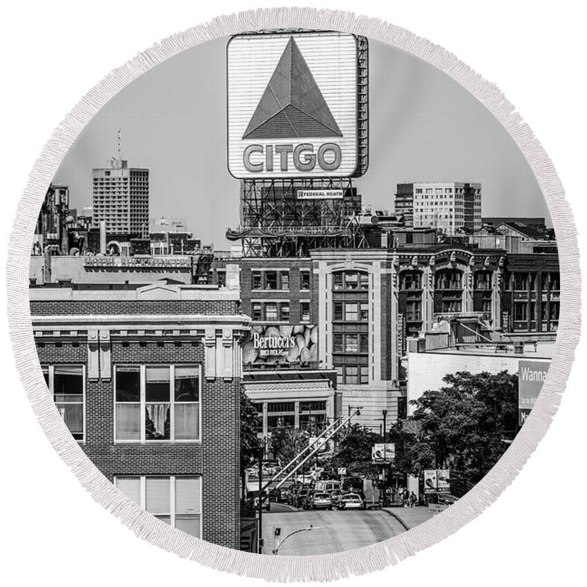 America Round Beach Towel featuring the photograph Boston Citgo Sign Black and White Photo by Paul Velgos