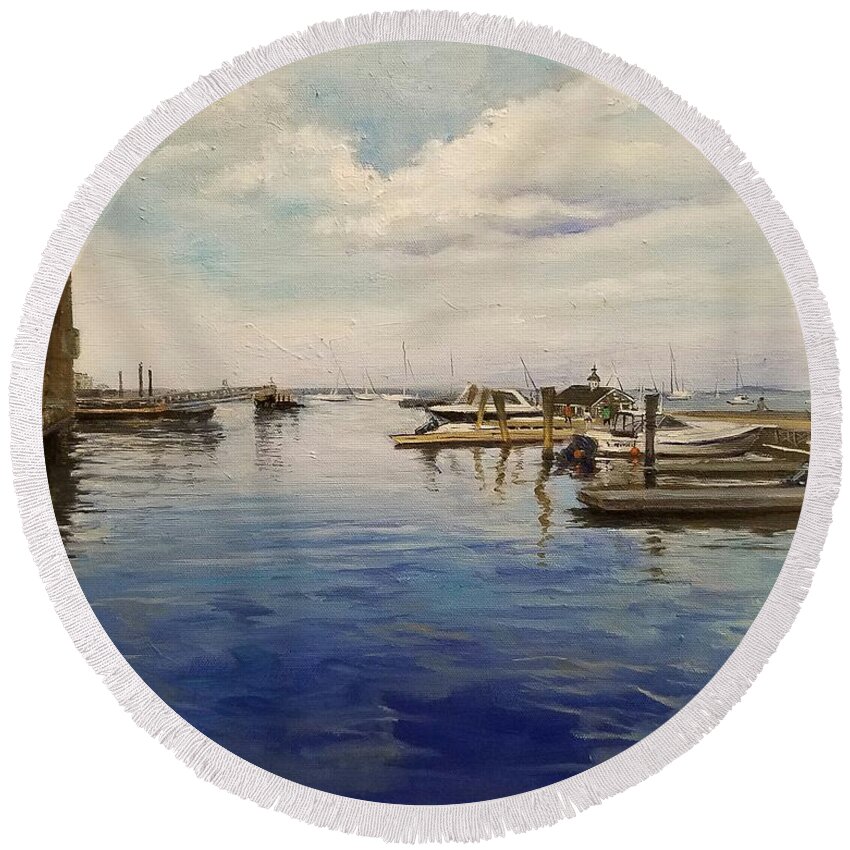 Boston Round Beach Towel featuring the painting Boston Harbor by Rose Wang
