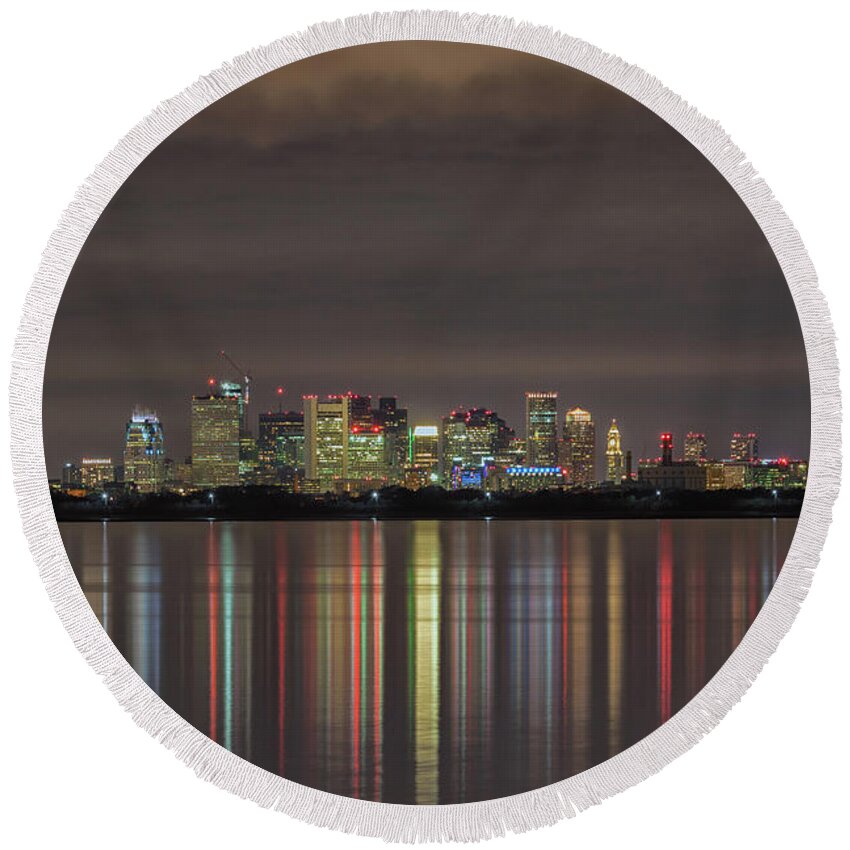 Boston Night Light Reflections Round Beach Towel featuring the photograph Boston Night Light Reflections by Brian MacLean