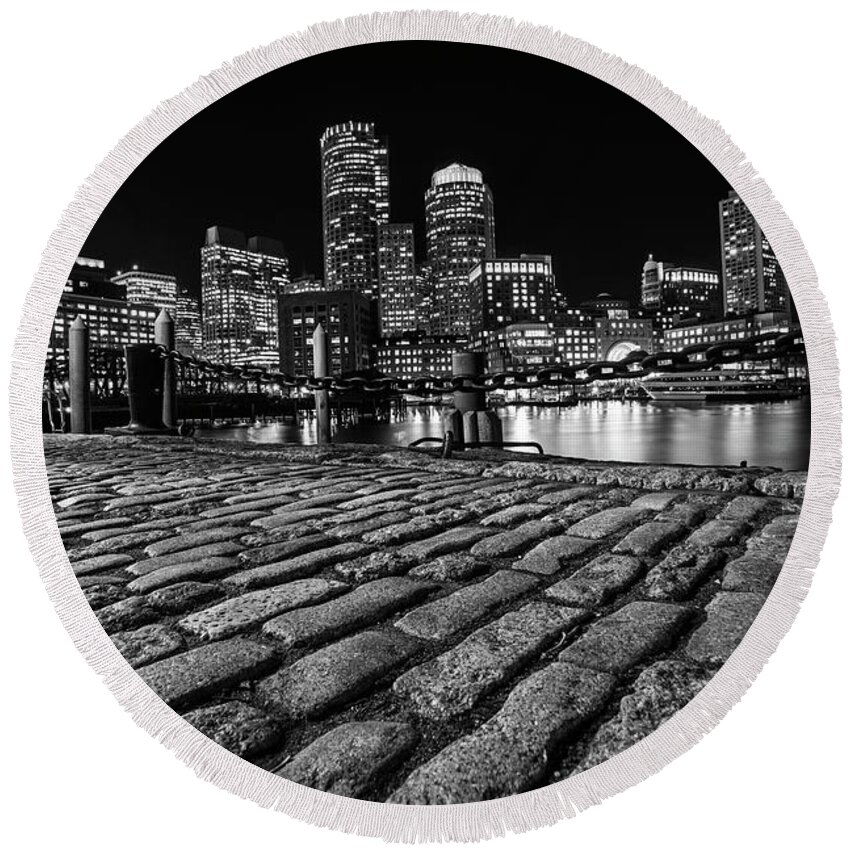 Boston Round Beach Towel featuring the photograph Boston Skyline Brick Walkway Detail Boston MA Black and White by Toby McGuire