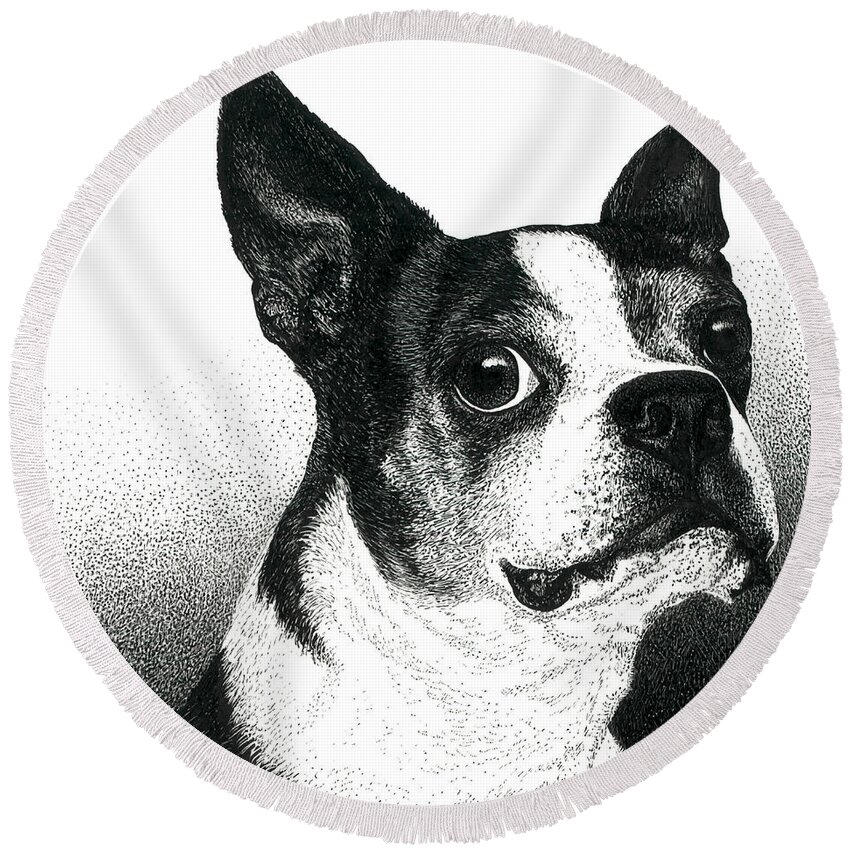 Dog Round Beach Towel featuring the drawing Boston Style by Ann Ranlett