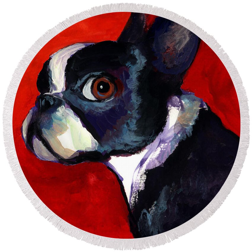 Boston Terrier Round Beach Towel featuring the painting Boston Terrier dog portrait 2 by Svetlana Novikova