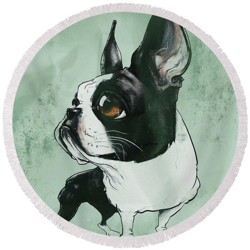 Boston Terrier Round Beach Towel featuring the drawing Boston Terrier - Green by Canine Caricatures By John LaFree