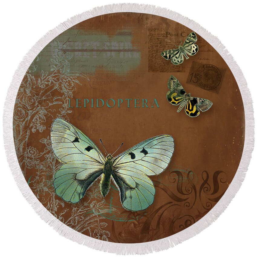 Wildflower Etchings Round Beach Towel featuring the painting Botanica Vintage Butterflies n Moths Collage 4 by Audrey Jeanne Roberts