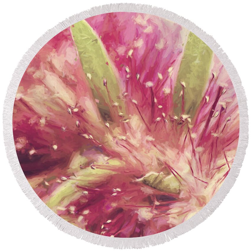 Illustration Round Beach Towel featuring the photograph Bottle Brush flower species digital painting by Jorgo Photography