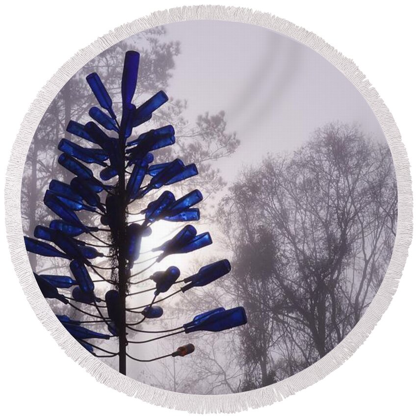 Bottle Tree And Fog Round Beach Towel featuring the photograph Bottle Tree and Fog by Warren Thompson
