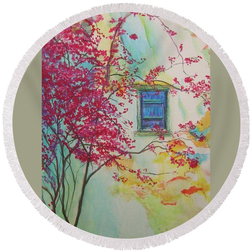 Bouganvilla Round Beach Towel featuring the painting Bouganvilla And Blue Shutter by Lizzy Forrester