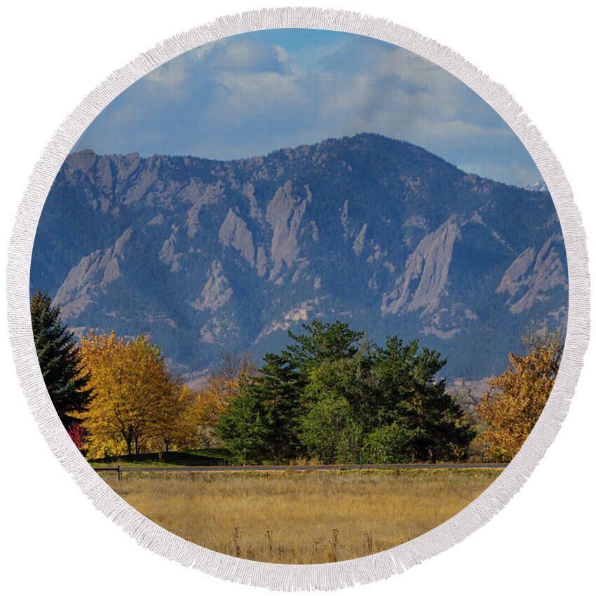 Flatirons Round Beach Towel featuring the photograph Boulder Colorado Autumn Flatiron Afternoon by James BO Insogna