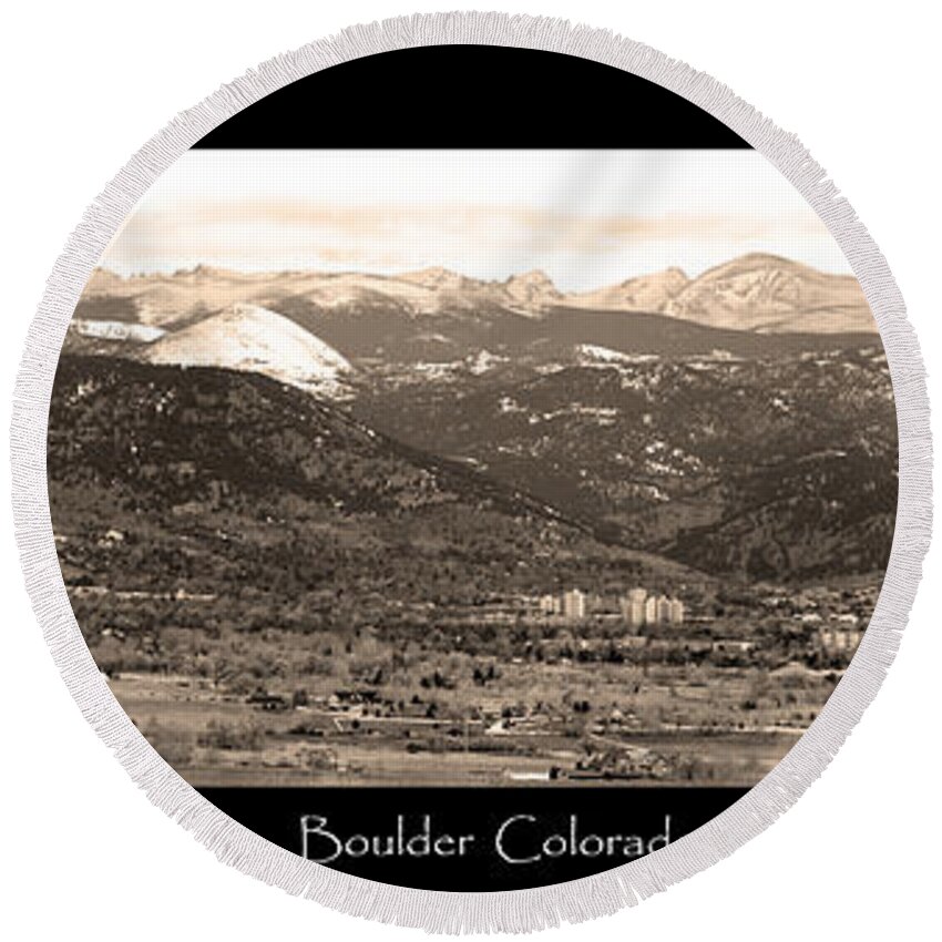 Boulder Round Beach Towel featuring the photograph Boulder Colorado Sepia Panorama Poster print by James BO Insogna