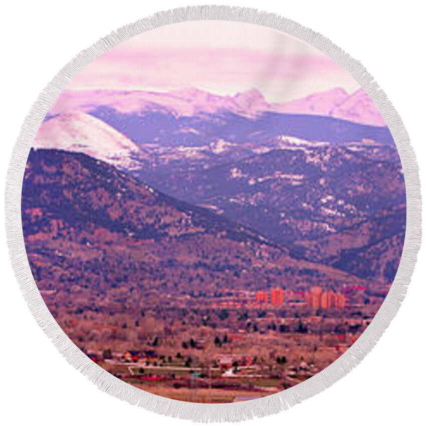 Boulder Round Beach Towel featuring the photograph Boulder Colorado Sunrise Panorama by James BO Insogna