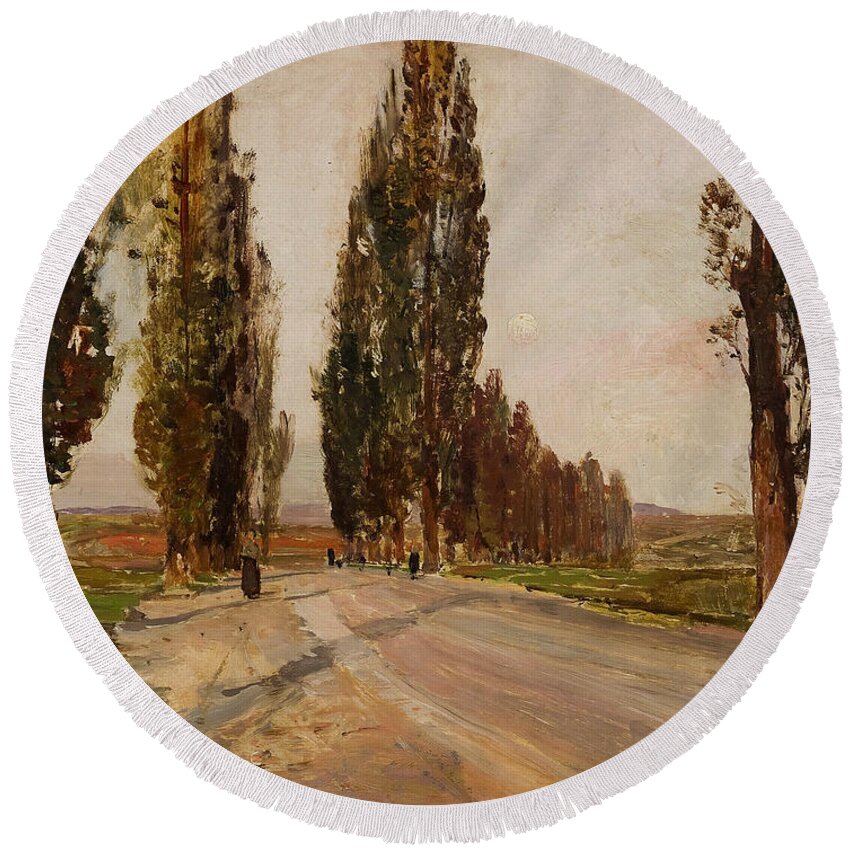 19th Century Art Round Beach Towel featuring the painting Boulevard of Poplars near Plankenberg by Emil Jakob Schindler