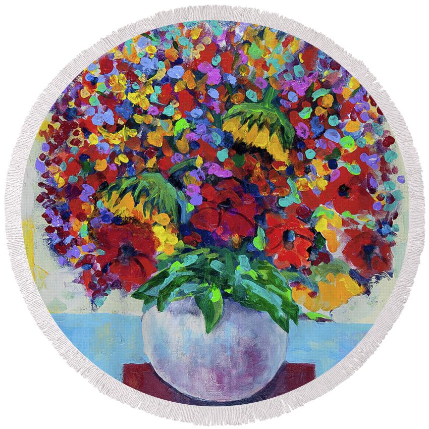 Flower Round Beach Towel featuring the painting Bouquet with two sunflowers by Maxim Komissarchik