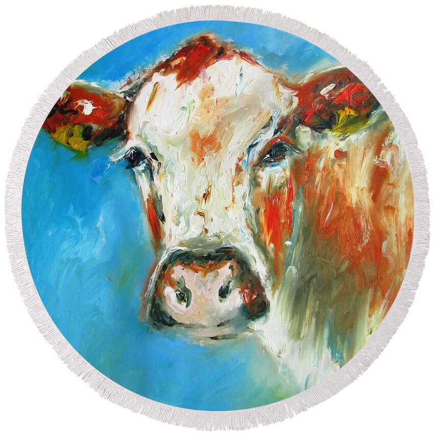 Cow Round Beach Towel featuring the painting Bovine on blue by Mary Cahalan Lee - aka PIXI
